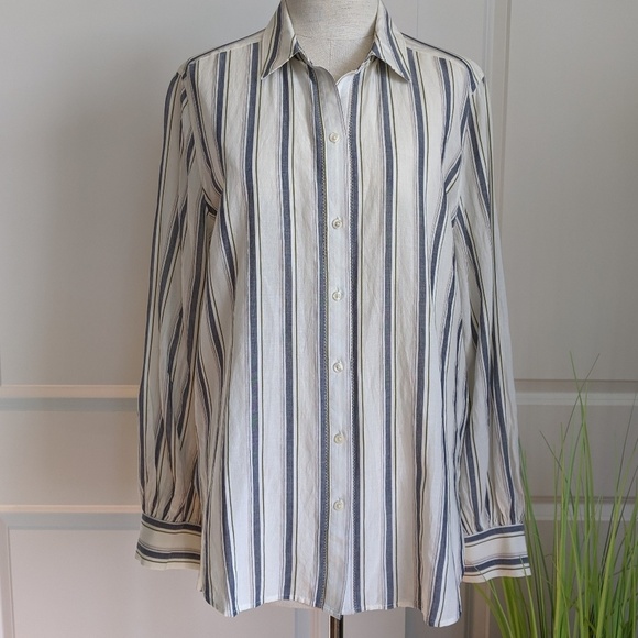 Lucky Brand Button Front Long Sleeve Vertical Striped Cream Blue Olive L NWT - Picture 2 of 8